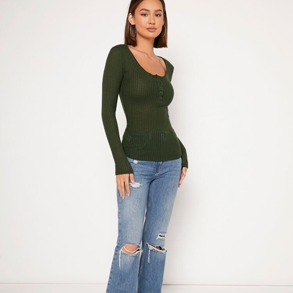 (B29)‎ NEW EvoluSHEIN Scoop Neck Waffle Knit Tee, Size Medium, NWOT in Bag
